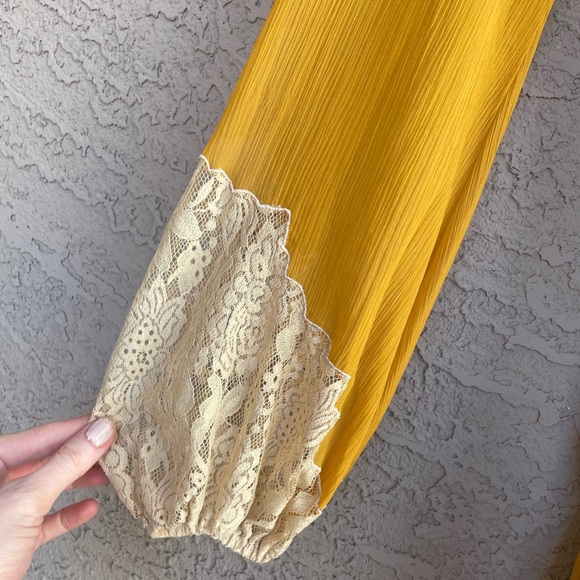 ASOS Mustard Yellow Saffron Chiffon Boho Lace Crochet Ruched Mini Dress - Picture 5 of 13